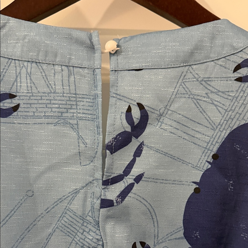 Blue Crab Print Sleeveless Shift Dress with Button Neck Large - Picture 5 of 8